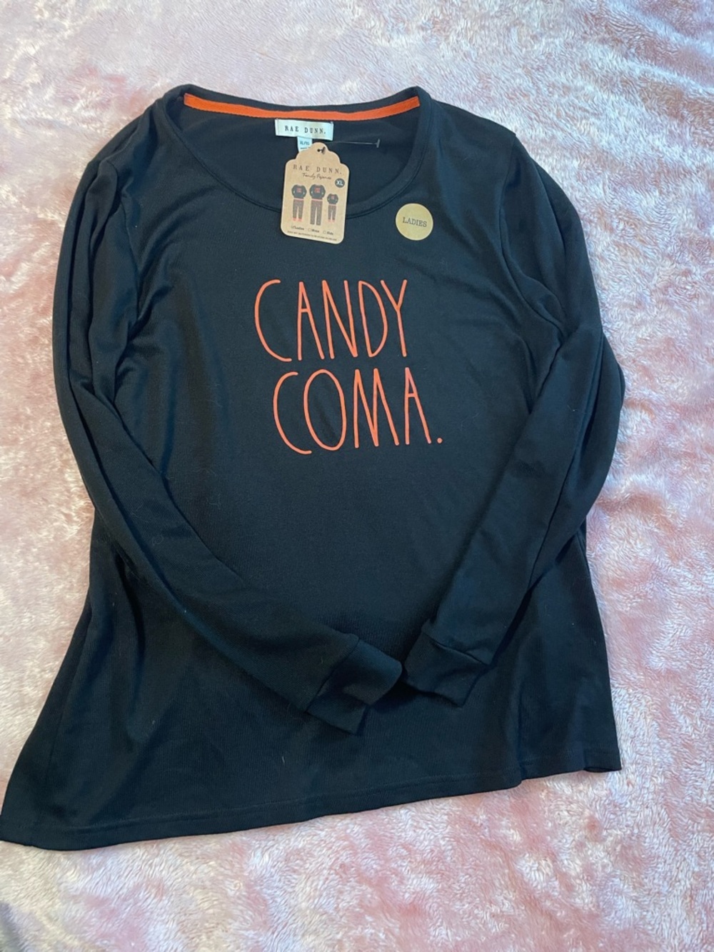 Rae Dunn Black Long Sleeve Top with Orange "Candy Coma" Graphic
